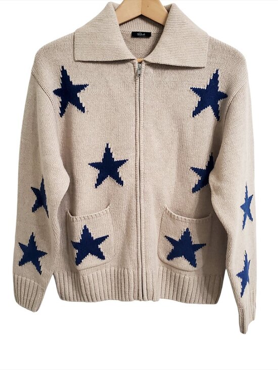 RAILS Womens Rhea Sweater Small Camel Cobalt Stars Full Zip Cardigan Wool Blend - Picture 5 of 15